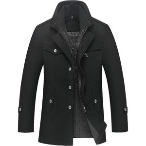 Men's Gentle Layered Collar Single Breasted Quilted Lined Wool Blend Pea Coats
